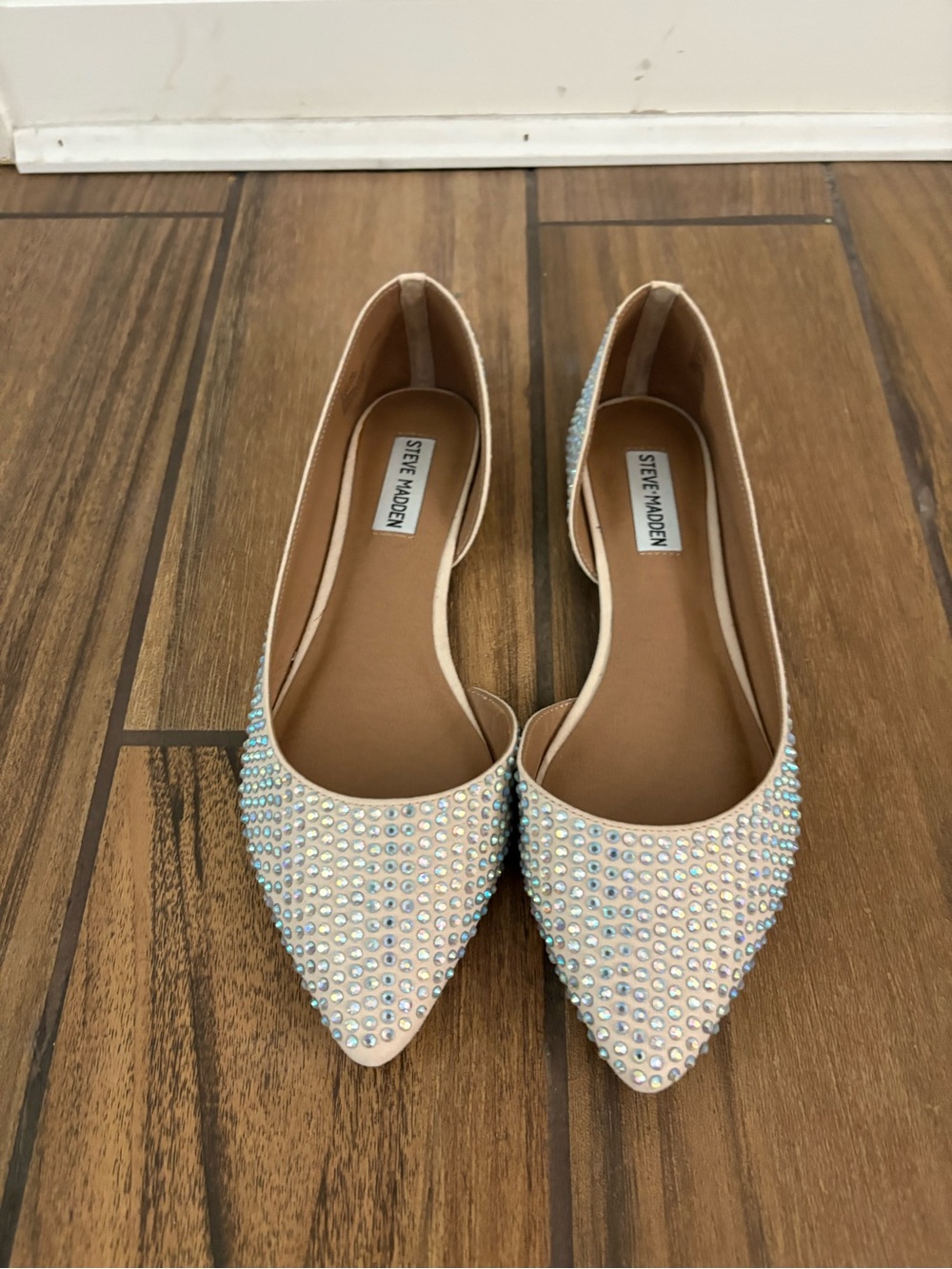Steve Madden Crystal-Studded Nude Pointed D'Orsay Flats
